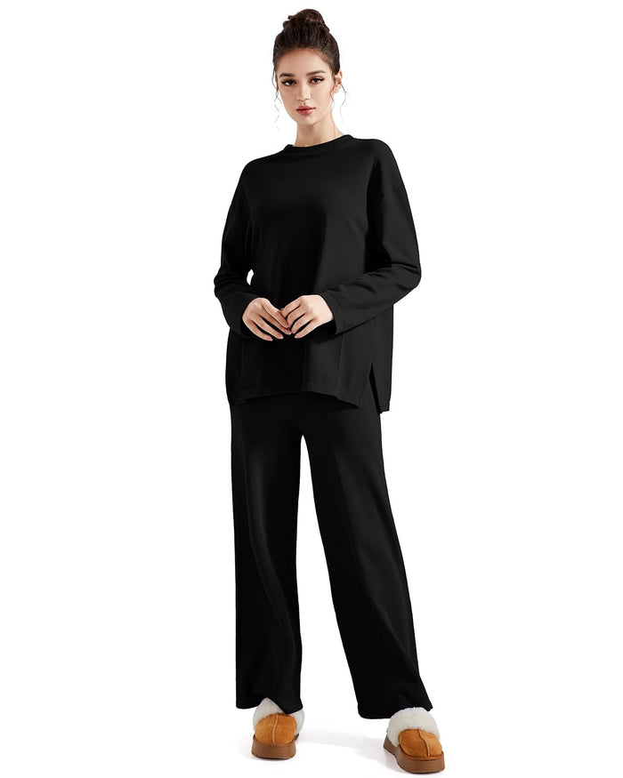 SUUKSESS Women Lounge 2PC Pajama Set Long Sleeve Top Wide Leg Pants Black M by Deal US