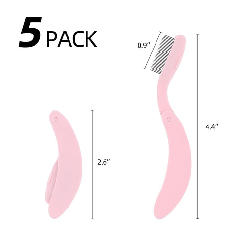 5 Pack Folding Eyelash Comb, Eyelash Separator Tool Eyebrow Comb Metal Teeth Professional Tool for Lash Brow, Pink