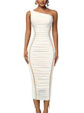 LAGSHIAN Women's Sexy Bodycon One Shoulder Mesh Ruched Midi Dress White Size L by Deal US