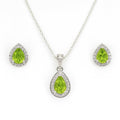 Silver Natural Pear Shaped Peridot Earrings & Necklace Jewelry Sets by Fine Color Jewels