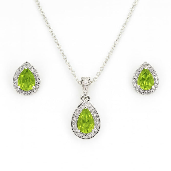 Silver Natural Pear Shaped Peridot Earrings & Necklace Jewelry Sets by Fine Color Jewels