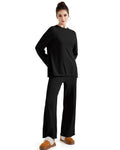 SUUKSESS Women Lounge 2PC Pajama Set Long Sleeve Top Wide Leg Pants Black M by Deal US