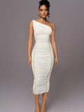 LAGSHIAN Women's Sexy Bodycon One Shoulder Mesh Ruched Midi Dress White Size L by Deal US
