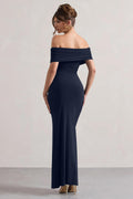 LAGSHIAN Women's Bodycon Off Shoulder Ruched Split Hem Dress Navy Size S by Deal US
