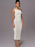 LAGSHIAN Women's Sexy Bodycon One Shoulder Mesh Ruched Midi Dress White Size L by Deal US