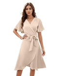 AliChan Womens Satin Wrap Dress V Neck Flared Sleeve Tie Waist Beige Size L by Deal US