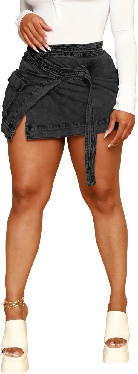 HTD Women's Sexy Mini Denim Skirt Irregular Pockets Dark Grey Size XXL by Deal US
