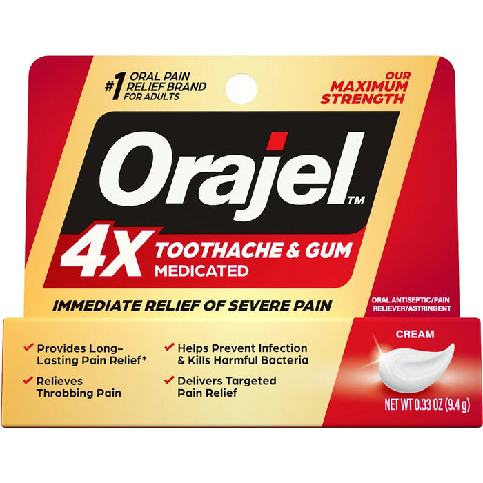Orajel 4X For Toothache & Gum Pain: Severe Cream Tube 0.33oz- From #1 Oral Pain Relief Brand by Pasteur Pharmacy