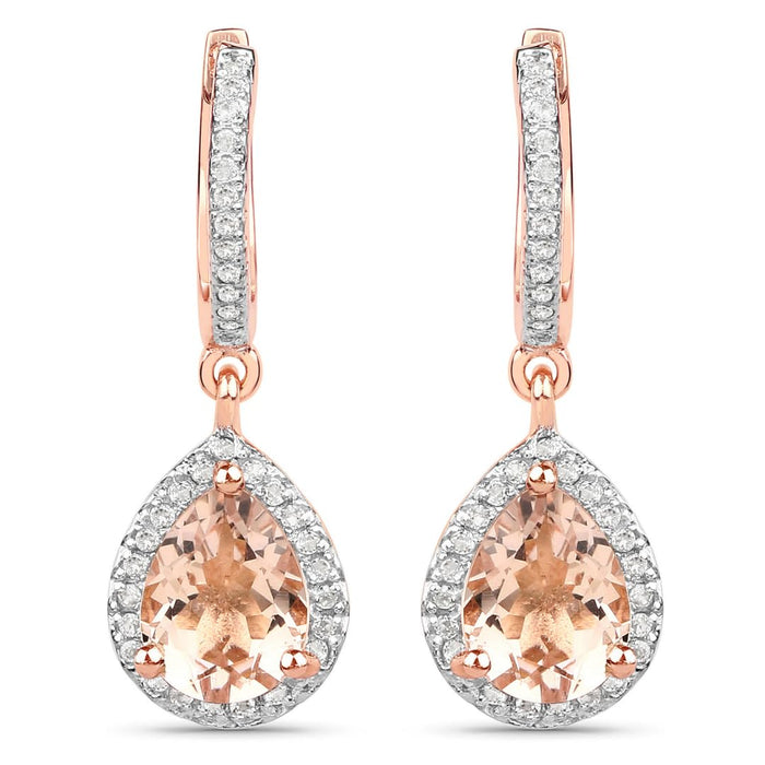 Pear Pink Morganite Prong Rose Gold Plated Silver Teardrop Dangle Earrings by Fine Color Jewels