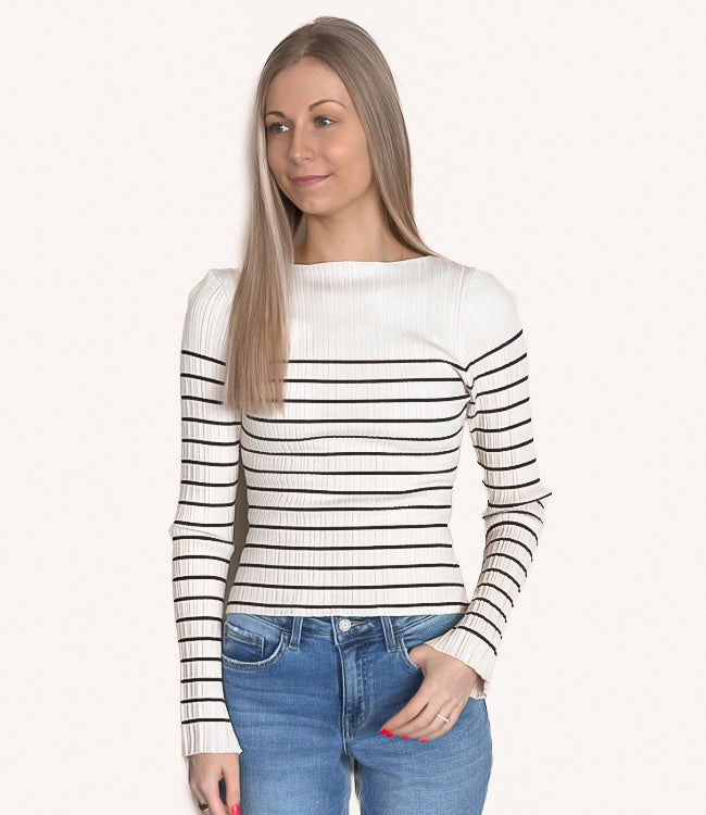 Long Sleeve Stripe Pattern Ribbed Knitted Top - Beige/Black by Boutique 23