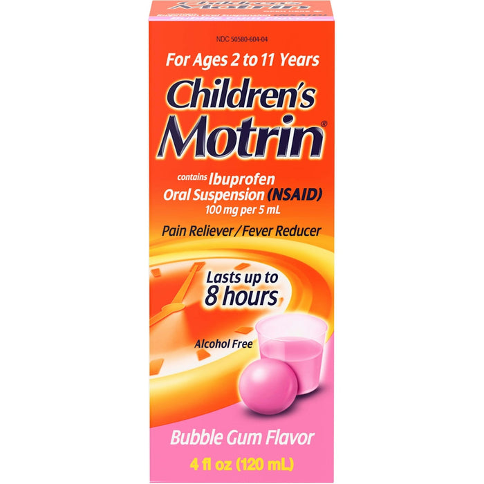 Children's Motrin Oral Suspension, Pain Reliever/Fever Reducer, Ibuprofen (NSAID), Bubble Gum Flavor, 4 Fl Oz by Pasteur Pharmacy