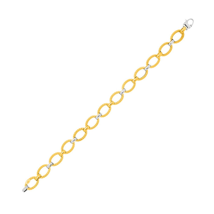 14k Two-Tone Gold Chain Bracelet with Textured Oval Links by Bids.com