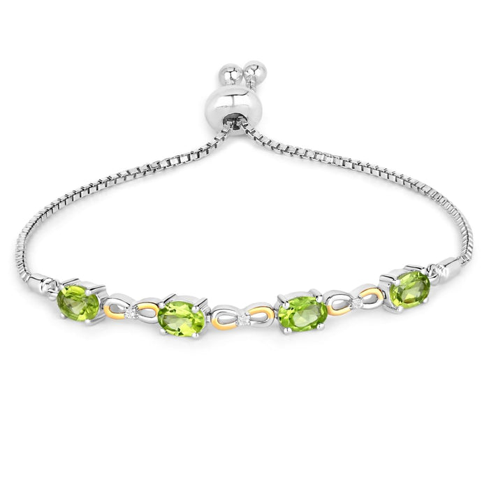 Oval Green Peridot Prong Two-Tone Gold Plated Silver Infinity Bolo Adjustable Bracelet by Fine Color Jewels