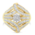 10K Yellow Gold Flashed .925 Sterling Silver 1-1/8 Cttw Round & Baguette Diamond 'Flower & Fern' Cluster Cocktail Fashion Ring (I-J Color, I2-I3 Clarity) - Size 6 by Bids.com