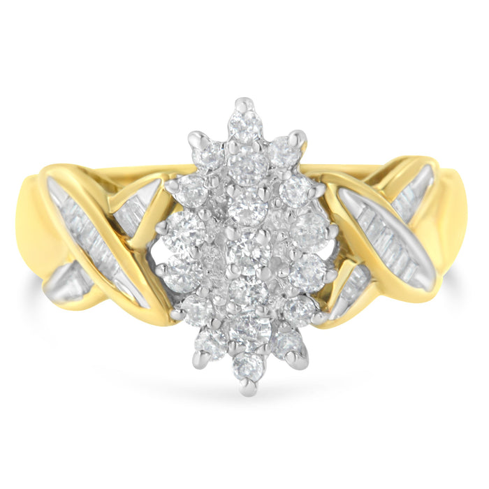 10K Two-Toned Gold Round Baguette Diamond Cluster Ring (1/2 Cttw, I-J Color, I2-I3 Clarity) - Size 6-1/2 by Bids.com