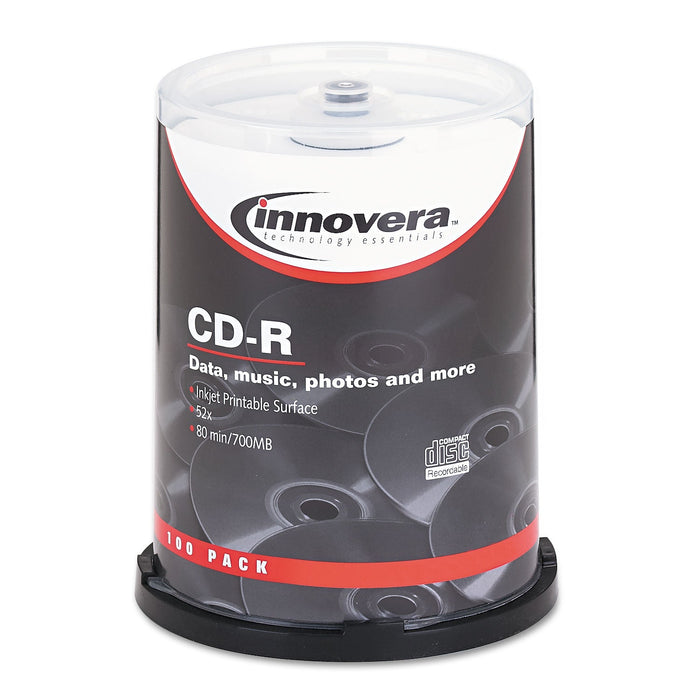 Innovera CD-R Inkjet Printable Recordable Disc, 700 MB/80 min, 52x, Spindle, Matte White, 100/Pack