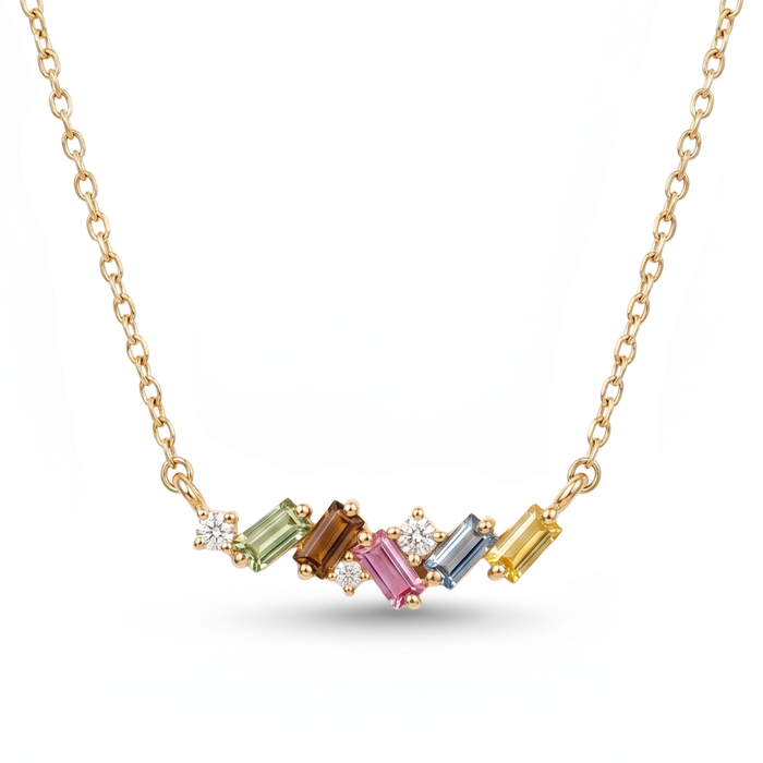 IGI Certified 0.64 Ct Baguette Multi Color Unheated Sapphire and Diamond 14K Yellow Gold Asymmetrical Bar Necklace by Fine Color Jewels