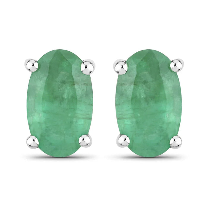 0.38 Ct Oval Green Zambian Emerald Prong 10K Gold Stud Earrings by Fine Color Jewels