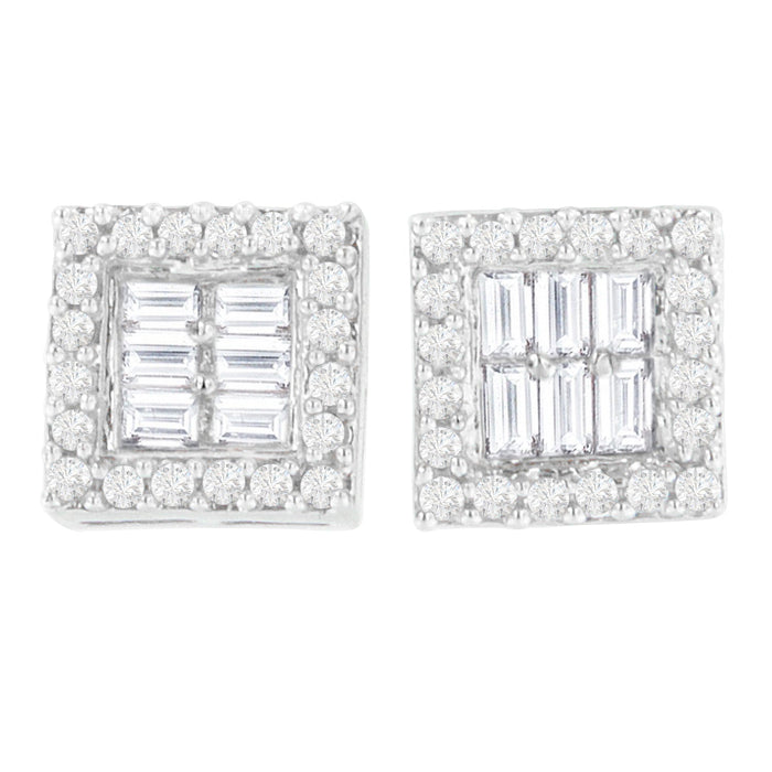 14K White Gold 1 cttw Round and Baguette Diamond Stud Earrings (H-I, SI1-SI2) by Bids.com