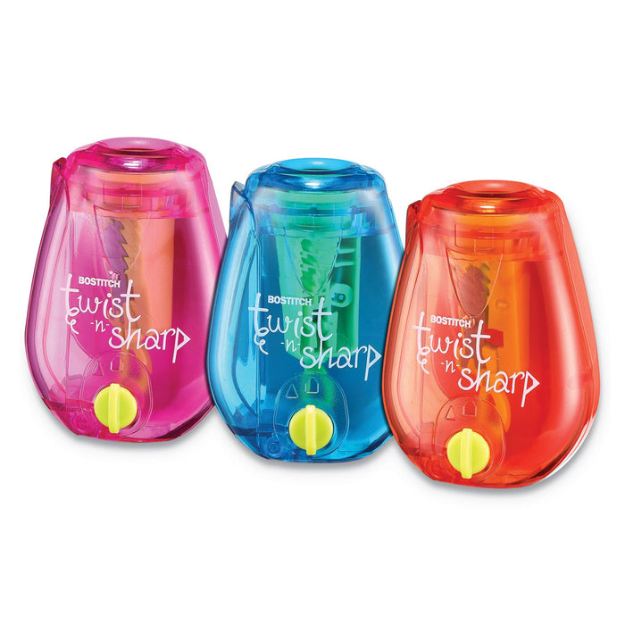 Bostitch Twist-n-Sharp Pencil Sharpener, One-Hole, 3.5 x 1.25 x 5.5, Randomly Assorted Colors, 6/Pack