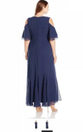 R&M Richards Women's Size Cold Shoulder Long Beaded Dress Plus, Navy, 14W by Vanessa Jane