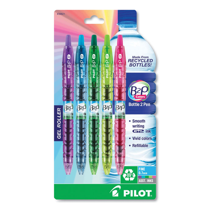 Pilot B2P Bottle-2-Pen Recycled Gel Pen, Retractable, Fine 0.7 mm, Assorted Ink and Barrel Colors, 5/Pack