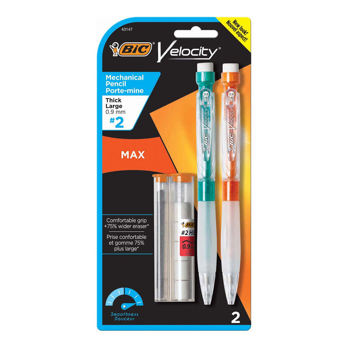 BIC Velocity Max Pencil, 0.9 mm, HB (#2), Black Lead, Assorted Barrel Colors, 2/Pack