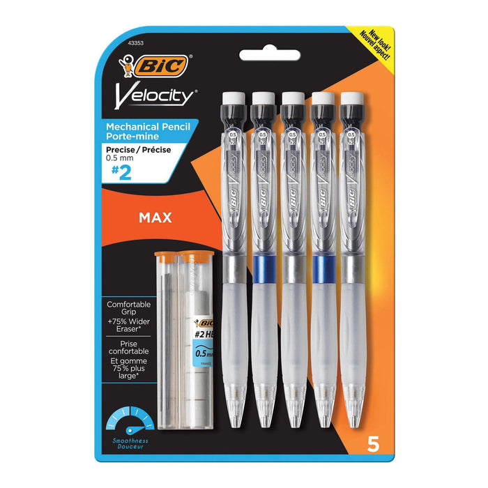 BIC Velocity Max Pencil, 0.5 mm, HB (#2), Black Lead, Assorted Barrel Colors, 5/Pack