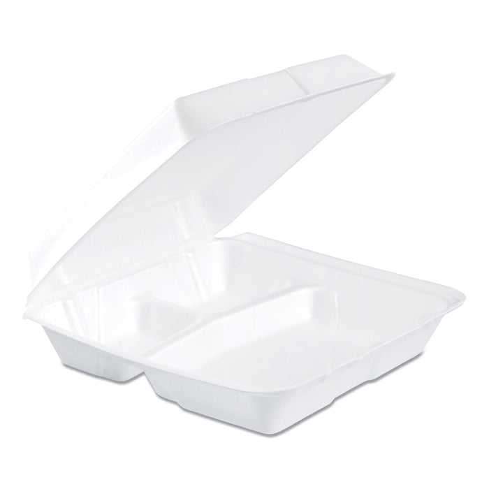 Dart Foam Hinged Lid Containers, 3-Compartment, 9.25 x 9.5 x 3, White, 200/Carton