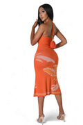 Orange Floral Knit Halter Midi Dress by The House of Stylez