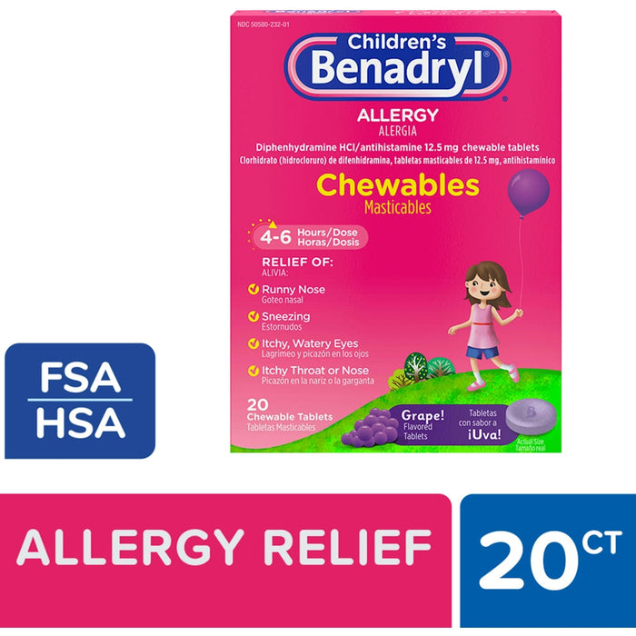 Children's Benadryl Allergy Relief Chewable Tablets - Diphenhydramine - Grape Flavor - 20ct by Pasteur Pharmacy
