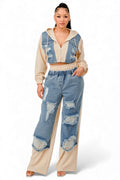 Denim Patchwork Hoodie & Wide-Leg Pant Set by The House of Stylez