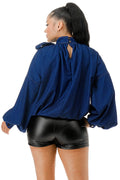 Mock Neck with Tie Puff Long Sleeve Bubble Hem Denim Blouse Top {fits oversized} by The House of Stylez