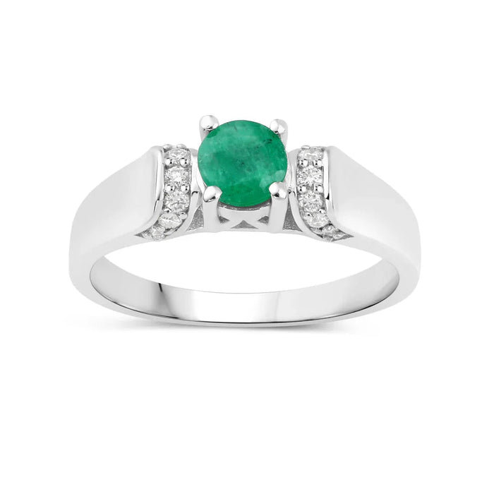0.42 Ct Round Green Zambian Emerald & Lab Grown Diamond Prong Silver Promise Ring by Fine Color Jewels