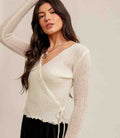 Pointelle Tie Waist Sweater Top - Off White by Boutique 23