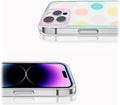 iPhone 14 Pro Max Protection Kit Bundle - Polkadot Hybrid-Flex Hard Shell Case with Tempered Glass Screen and Camera Protector (Clear/Pink/Teal) by Zerodamage Sahara Case LLC