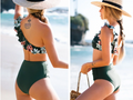 Cupshe Dark Green Floral One Shoulder Ruffle High Waisted Bikini, Size Small by Vanessa Jane