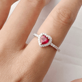 Heart Red Lab Grown Ruby Prong Sterling Silver Halo Ring by Fine Color Jewels