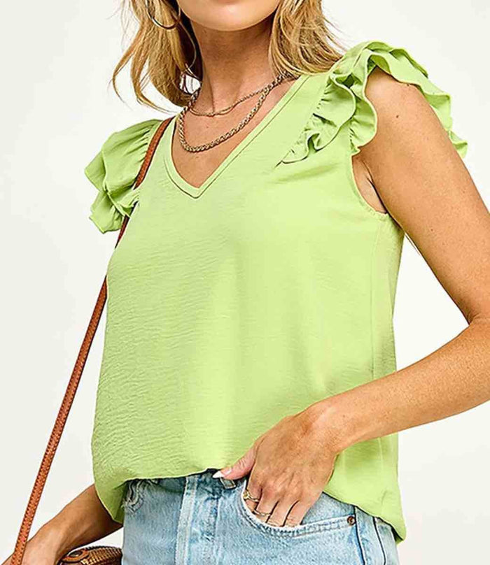 Veronica V Neck Ruffled Top - Lime by Boutique 23