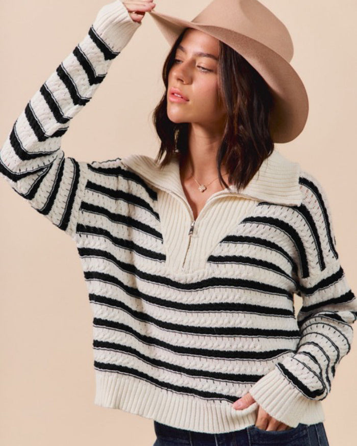 Cable Knit Stripe Zip Up Sweater by Boutique 23