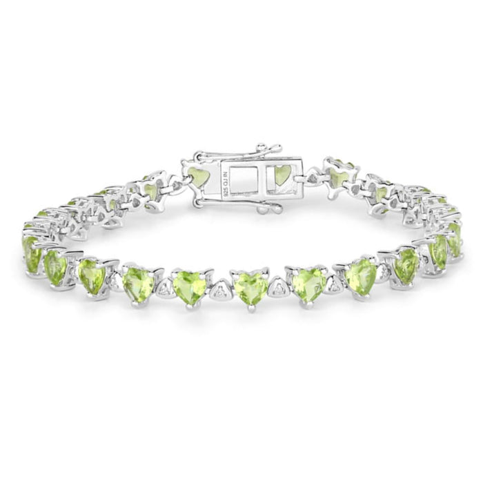 Heart Green Peridot & Diamond Prong Silver Box Clasp Tennis Bracelet by Fine Color Jewels