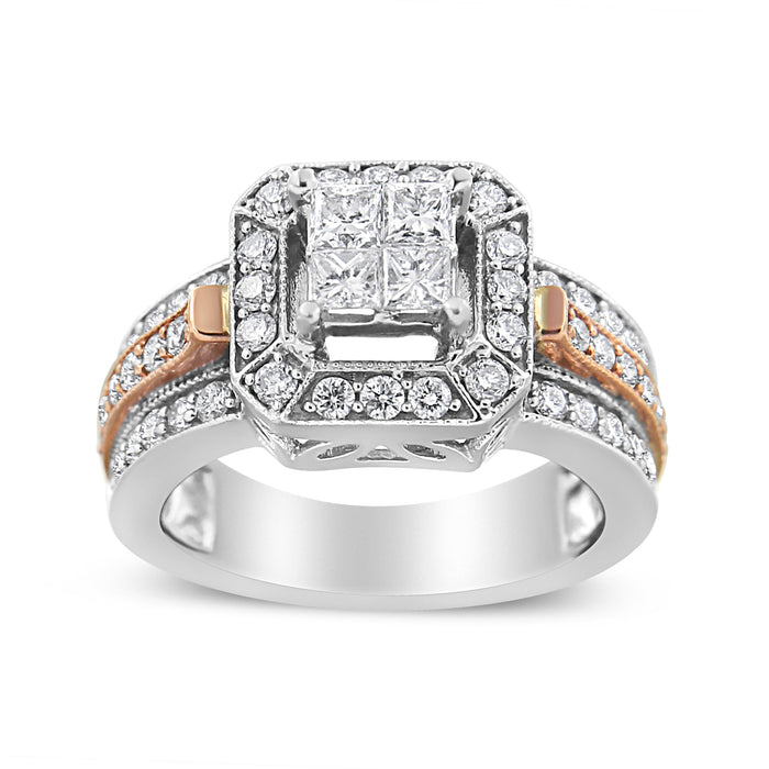 14K White and Rose Gold 1 1/8 Cttw Princess and Round-Cut Diamond Art Deco Style Triple Shank Halo Cocktail Ring (I-J Color, SI2-I1 Clarity) - Size 7 by Bids.com