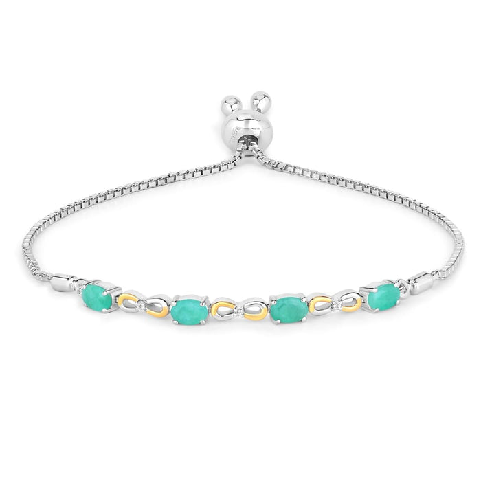 Oval Green Emerald Prong Silver Infinity Bolo Adjustable Bracelet by Fine Color Jewels