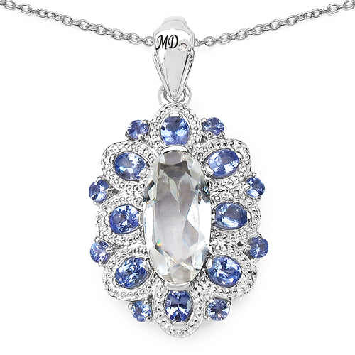 "6.09 Carat Genuine Crystal Quartz, Tanzanite and White Diamond .925 Sterling Silver Pendant by Bids.com