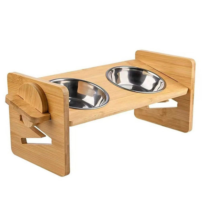 5°Tilt Bamboo Double Elevated Dog Bowls with 4 Adjustable Heights by DailySale