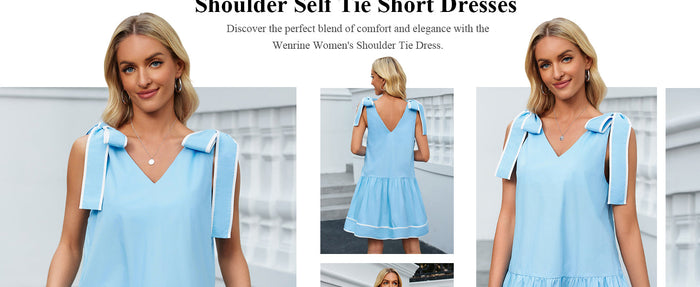 Wenrine Womens Summer VNeck Mini Dress Tie Shoulder Sleeveless Light Blue Size M by Deal US