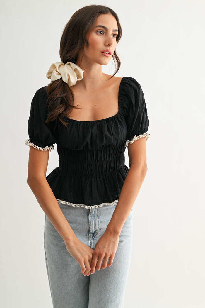 Smocked Peplum Top With Puff Sleeves by Boutique 23