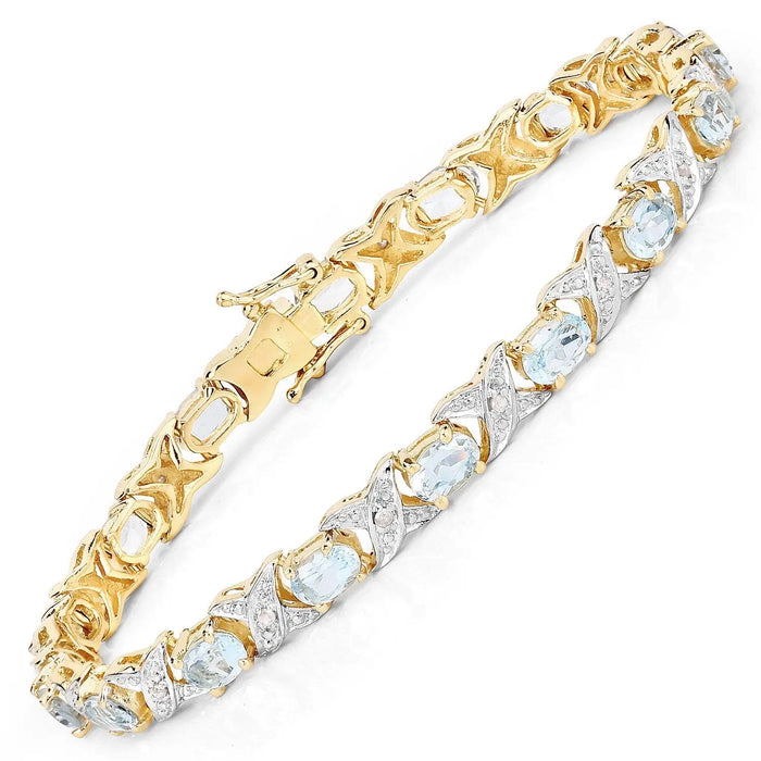 6.40 Ct Oval Blue Aquamarine & Diamond Prong Yellow Gold Over Silver X-Link Tennis Bracelet by Fine Color Jewels