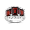 6.55 Ct Octagon Red Garnet Prong Silver Three Stone Halo Ring