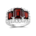 6.55 Ct Octagon Red Garnet Prong Silver Three Stone Halo Ring by Fine Color Jewels